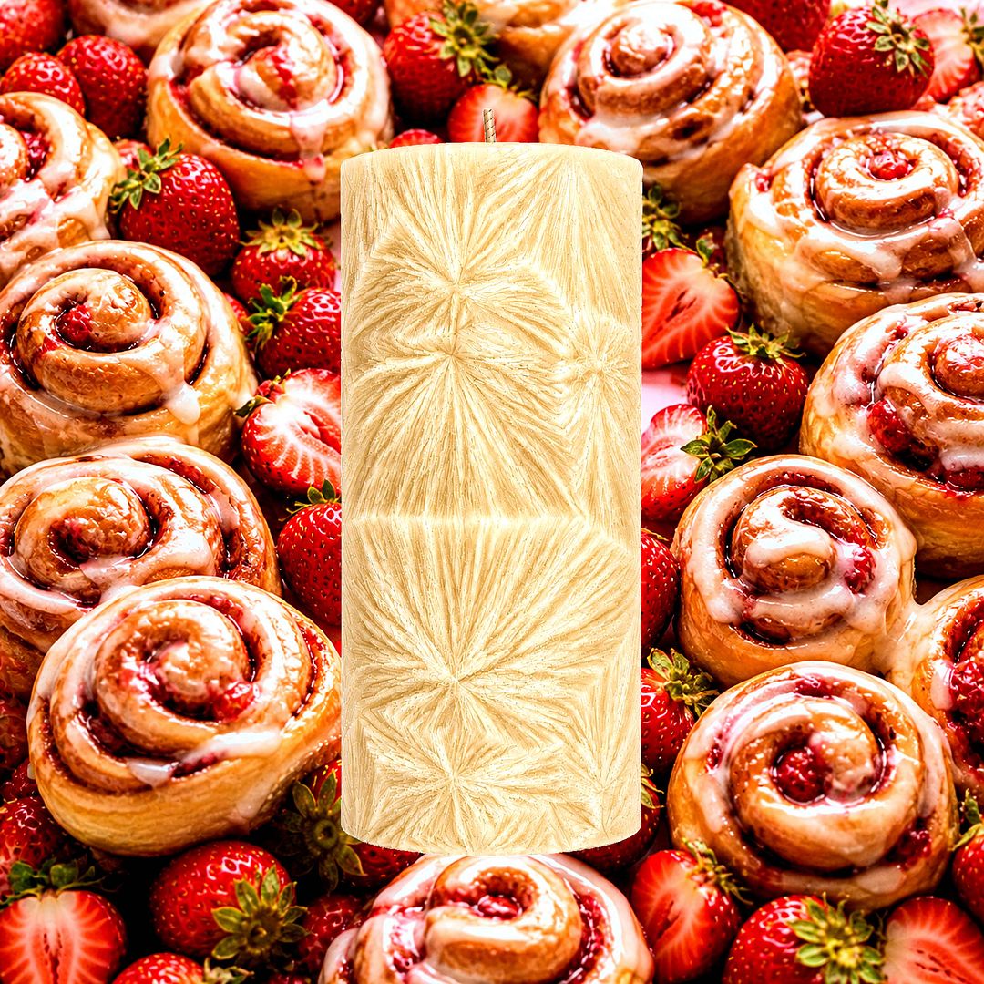 Strawberry Cinnamon Buns plant based Pillar Candle – vegan, cruelty-free featuring warm cinnamon buns and sweet strawberries, handmade in Australia.