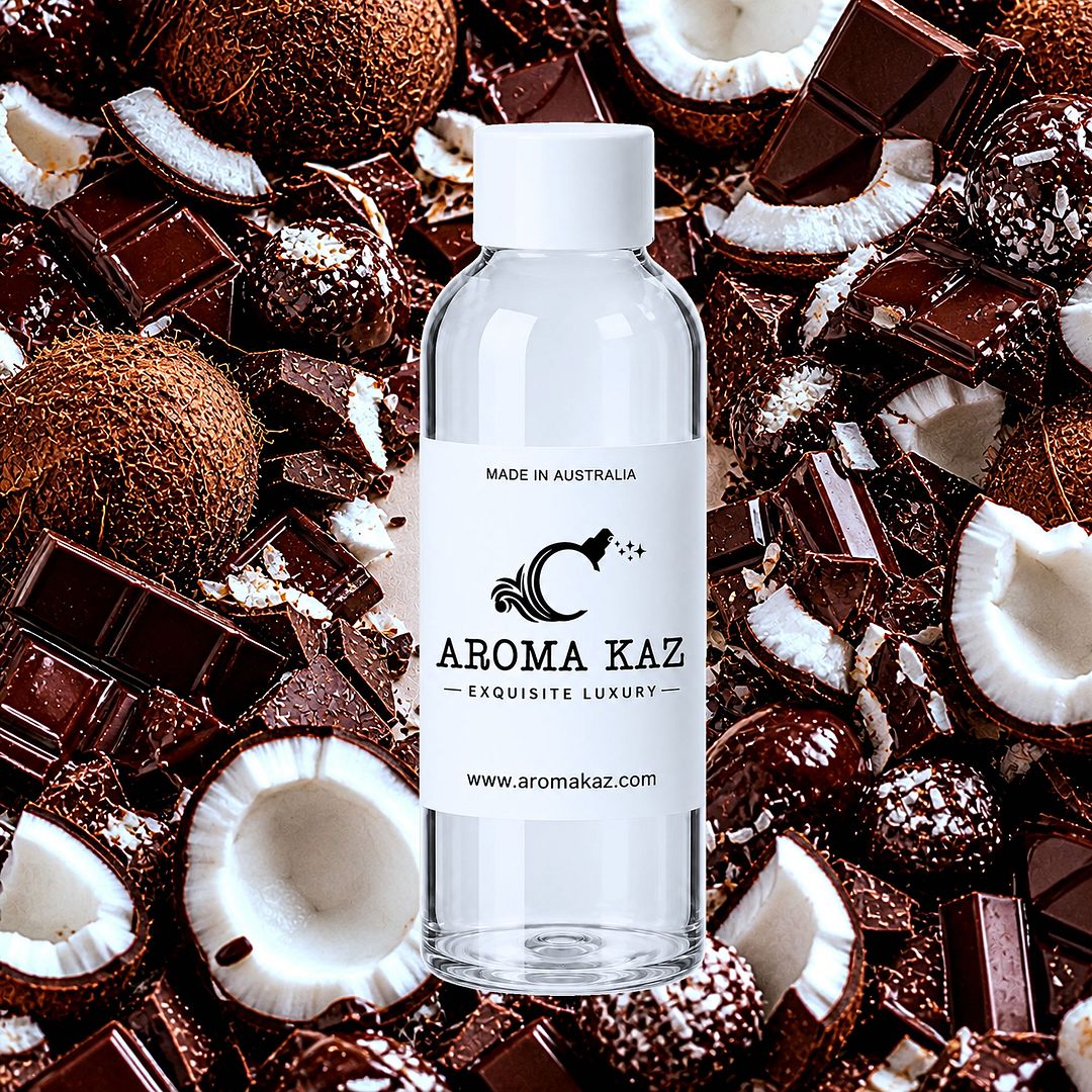 Chocolate Coconut fragrance oil for candle making, soap making and perfume blending – vegan, cruelty-free featuring tropical coconut blended with rich chocolate, handmade in Australia.