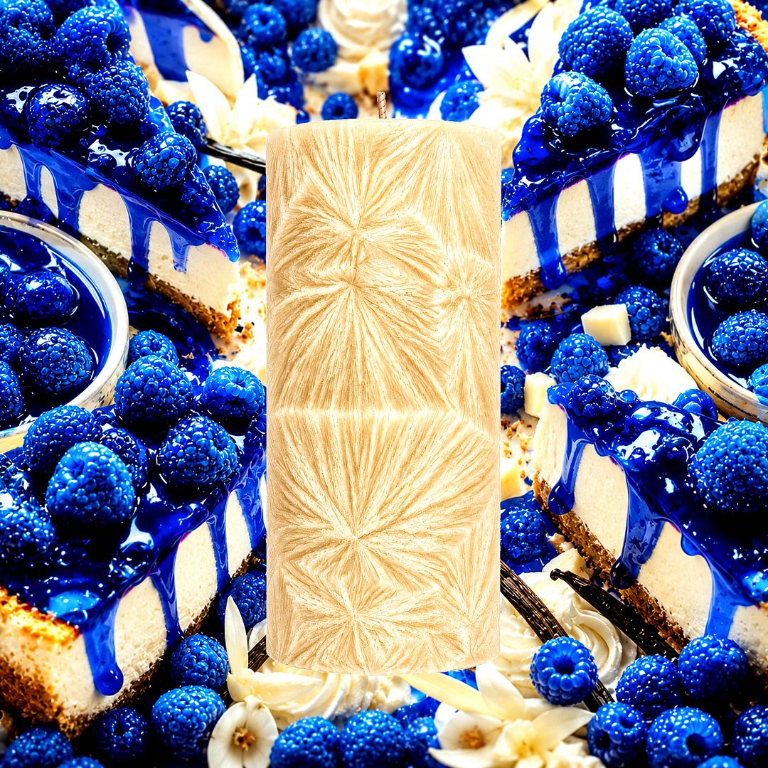 Blue Raspberry Cheesecake plant based Pillar Candle – vegan, cruelty-free featuring fruity blue raspberry cheesecake aroma, handmade in Australia.