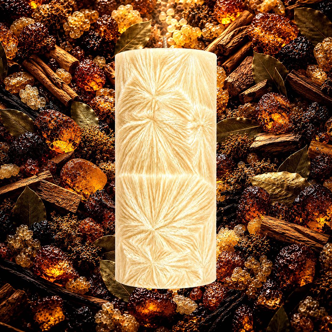 Moroccan Amber & Myrrh plant based Pillar Candle – vegan, cruelty-free featuring exotic amber, warm spices, and resinous myrrh, handmade in Australia.