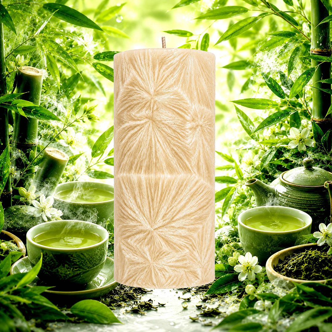 Bamboo & Green Tea plant based Pillar Candle – vegan, cruelty-free featuring refreshing bamboo and green tea aroma, handmade in Australia.