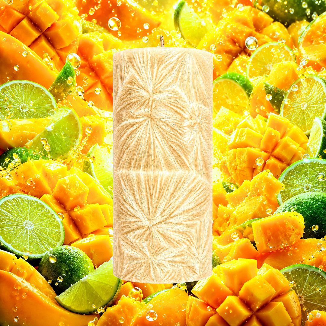 Thai Lime & Mango plant based Pillar Candle – vegan, cruelty-free featuring juicy mango and bright zesty lime, handmade in Australia.