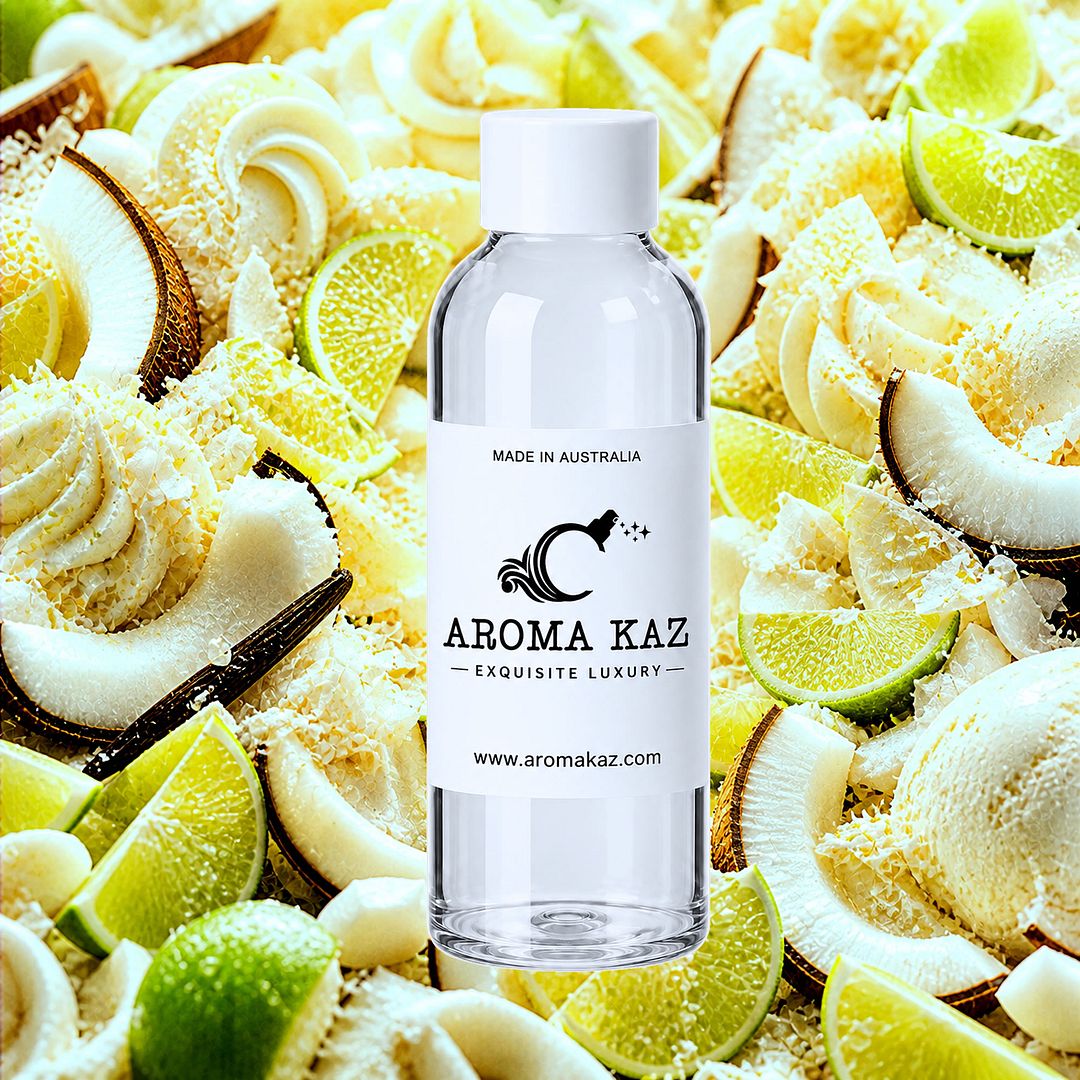 Tahitian Coconut Lime fragrance oil for candle making, soap making and perfume blending – vegan, cruelty-free featuring creamy coconut and zesty tropical lime, handmade in Australia.