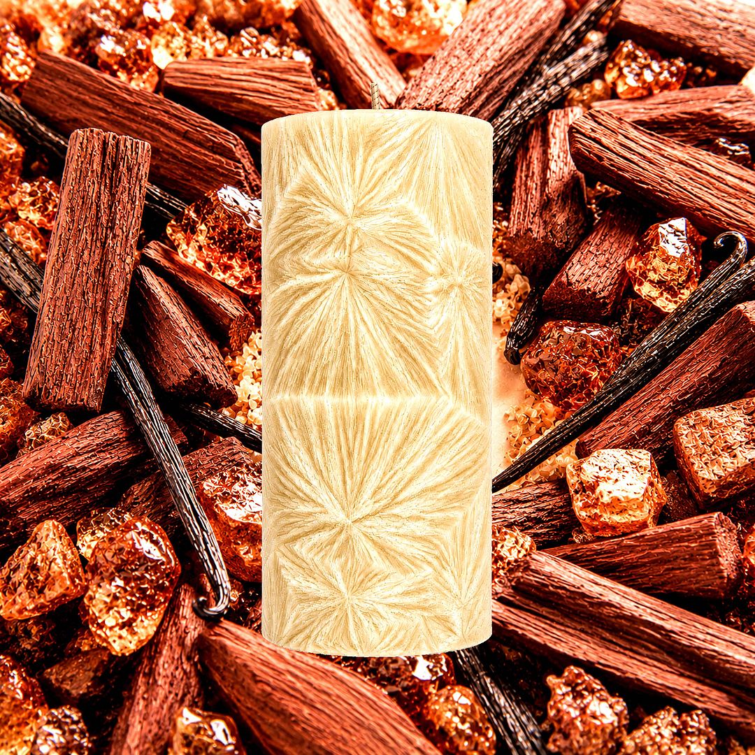 Sandalwood Vanilla Musk plant based Pillar Candle – vegan, cruelty-free featuring warm sandalwood, creamy vanilla, and exotic musk, handmade in Australia.