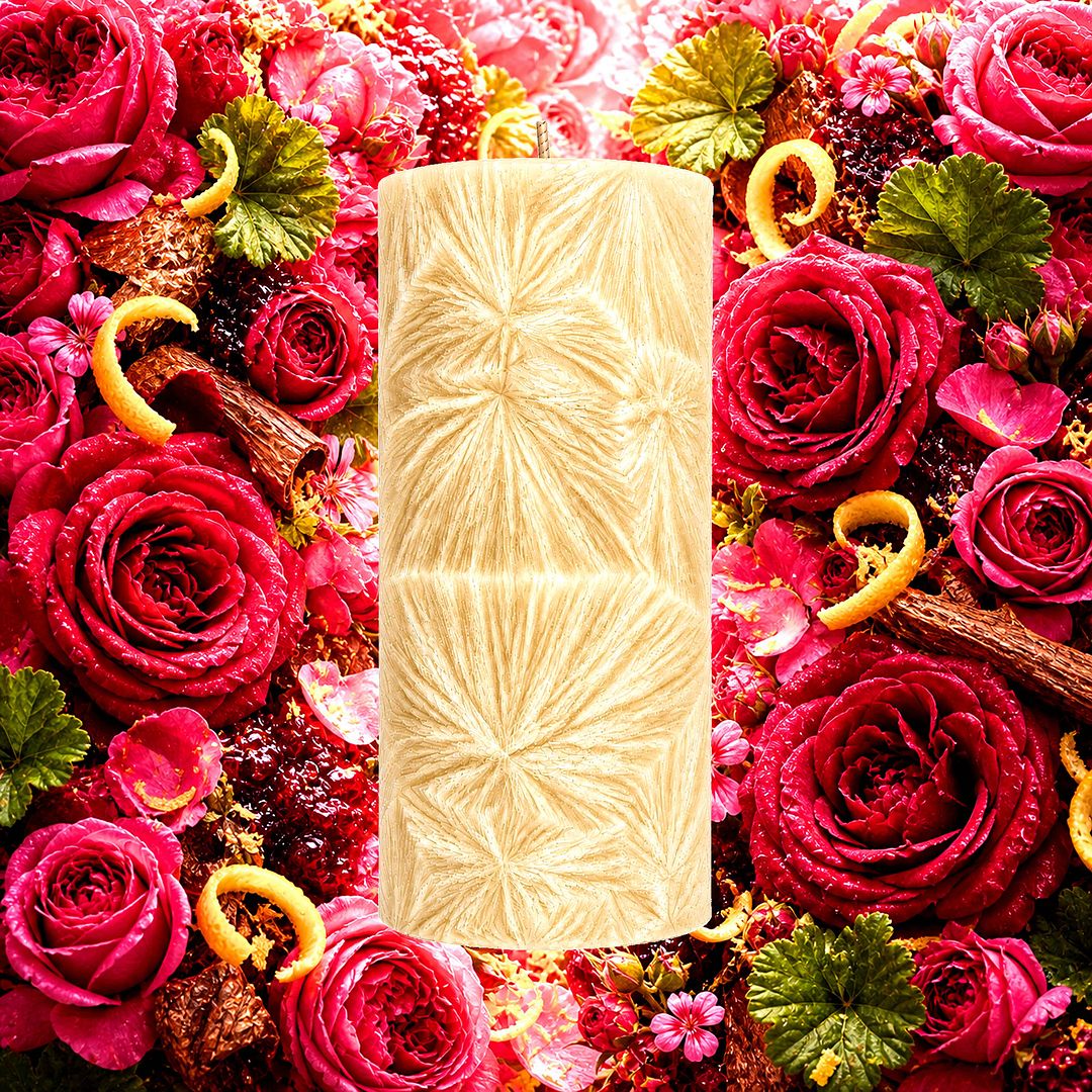 Rose Jam plant based Pillar Candle – vegan, cruelty-free featuring sweet sugared roses and soft fruity floral notes, handmade in Australia.