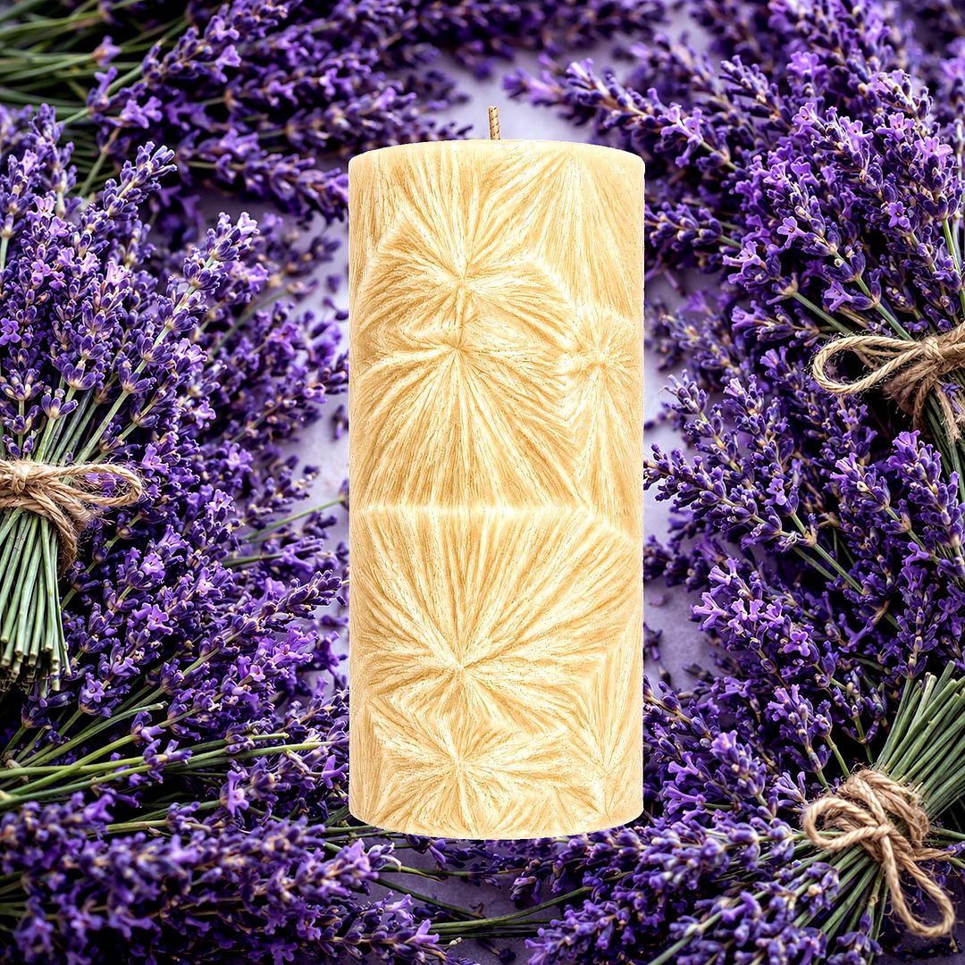 Fresh Lavender plant based Pillar Candle – vegan, cruelty-free featuring fresh lavender, handmade in Australia.