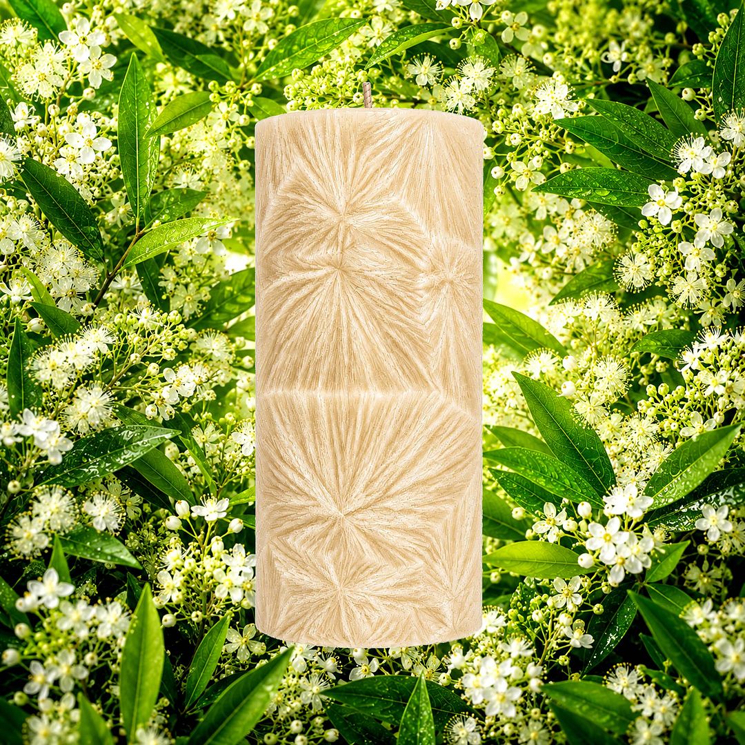 Australian Lemon Myrtle plant based Pillar Candle – vegan, cruelty-free featuring uplifting citrus floral lemon myrtle, handmade in Australia.