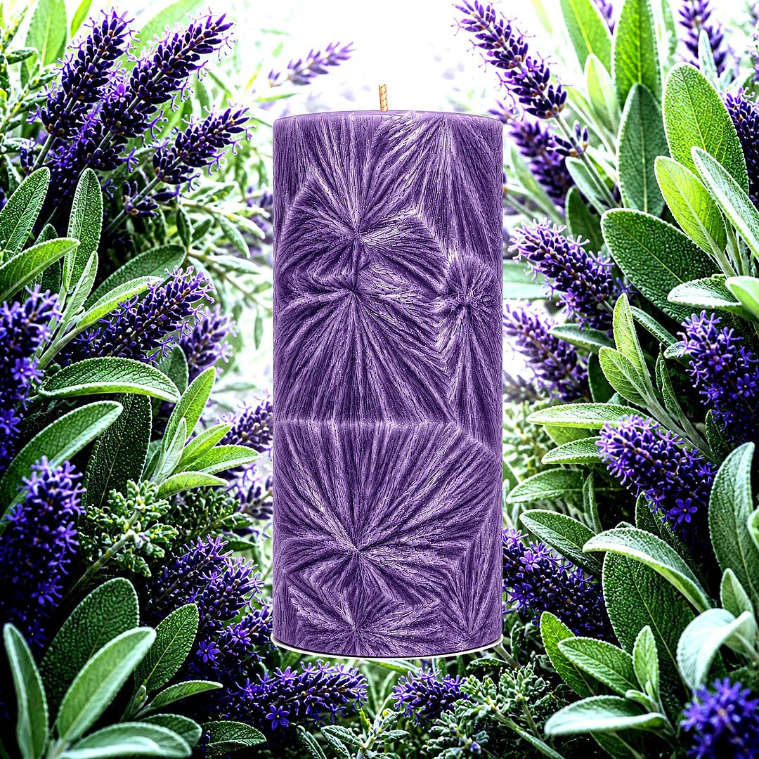 Lavender & Wild Sage plant based Pillar Candle – vegan, cruelty-free featuring floral fresh lavender and herbal sage, handmade in Australia.