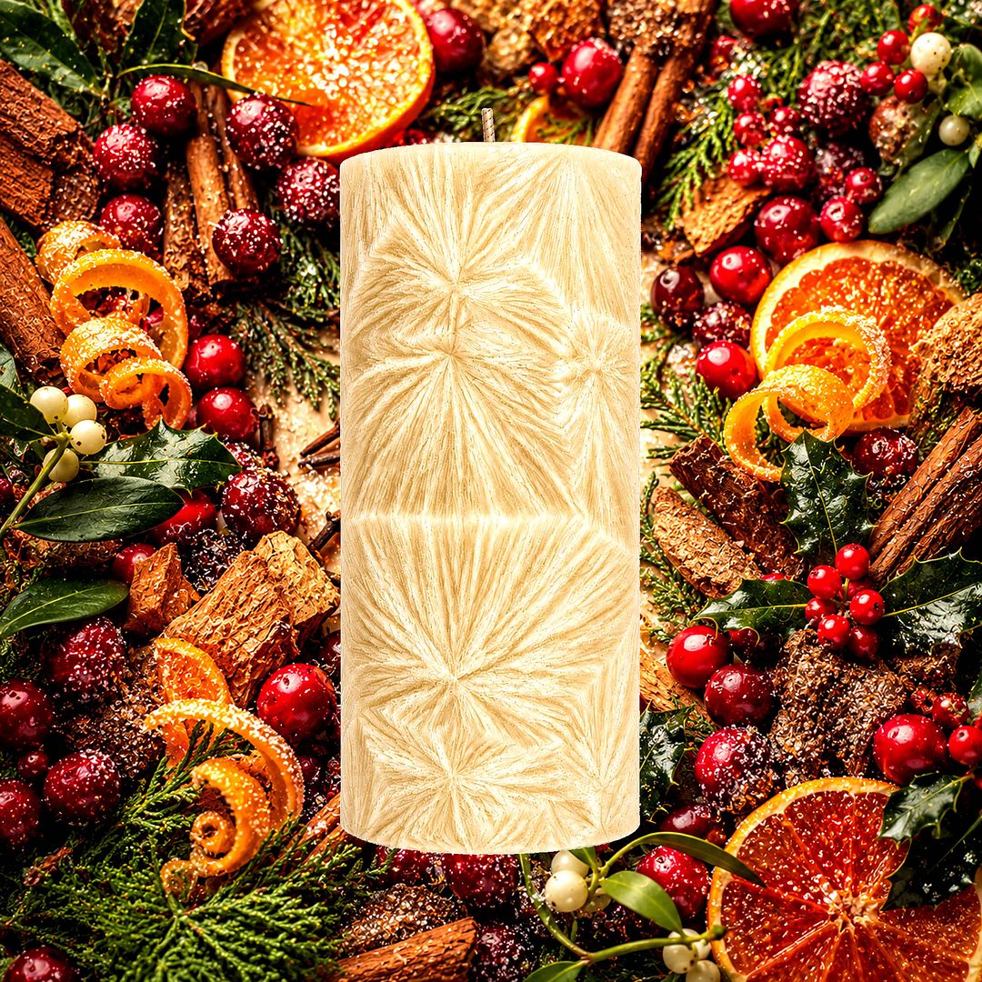 Christmas Cedar & Cranberries plant based Pillar Candle – vegan, cruelty-free featuring festive cedar wood and tart cranberry fragrance, handmade in Australia.