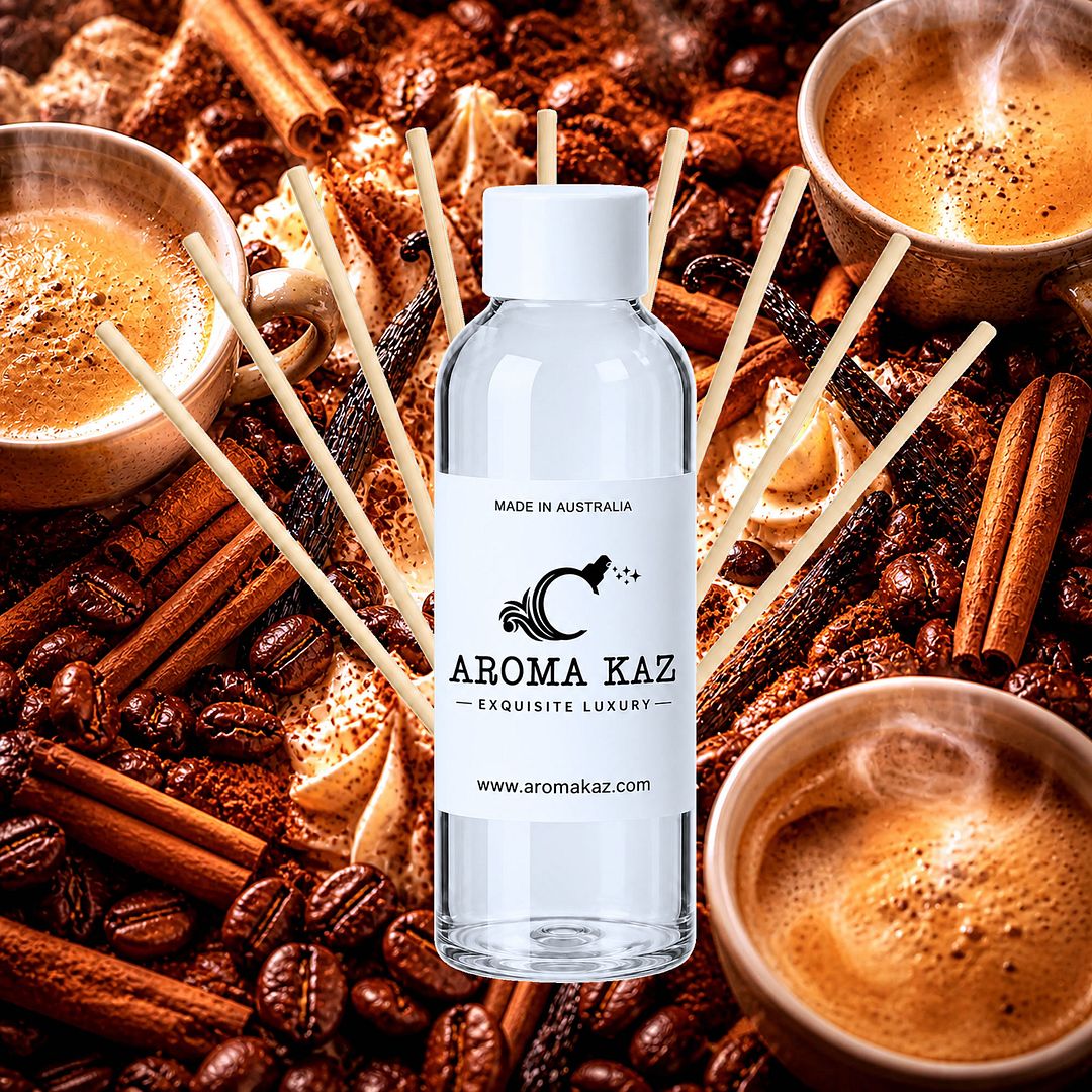 Coffee Cinnamon Vanilla Diffuser Fragrance Oil Refill – vegan, cruelty-free featuring a warm blend of roasted coffee, sweet vanilla, and cinnamon spice, handmade in Australia.