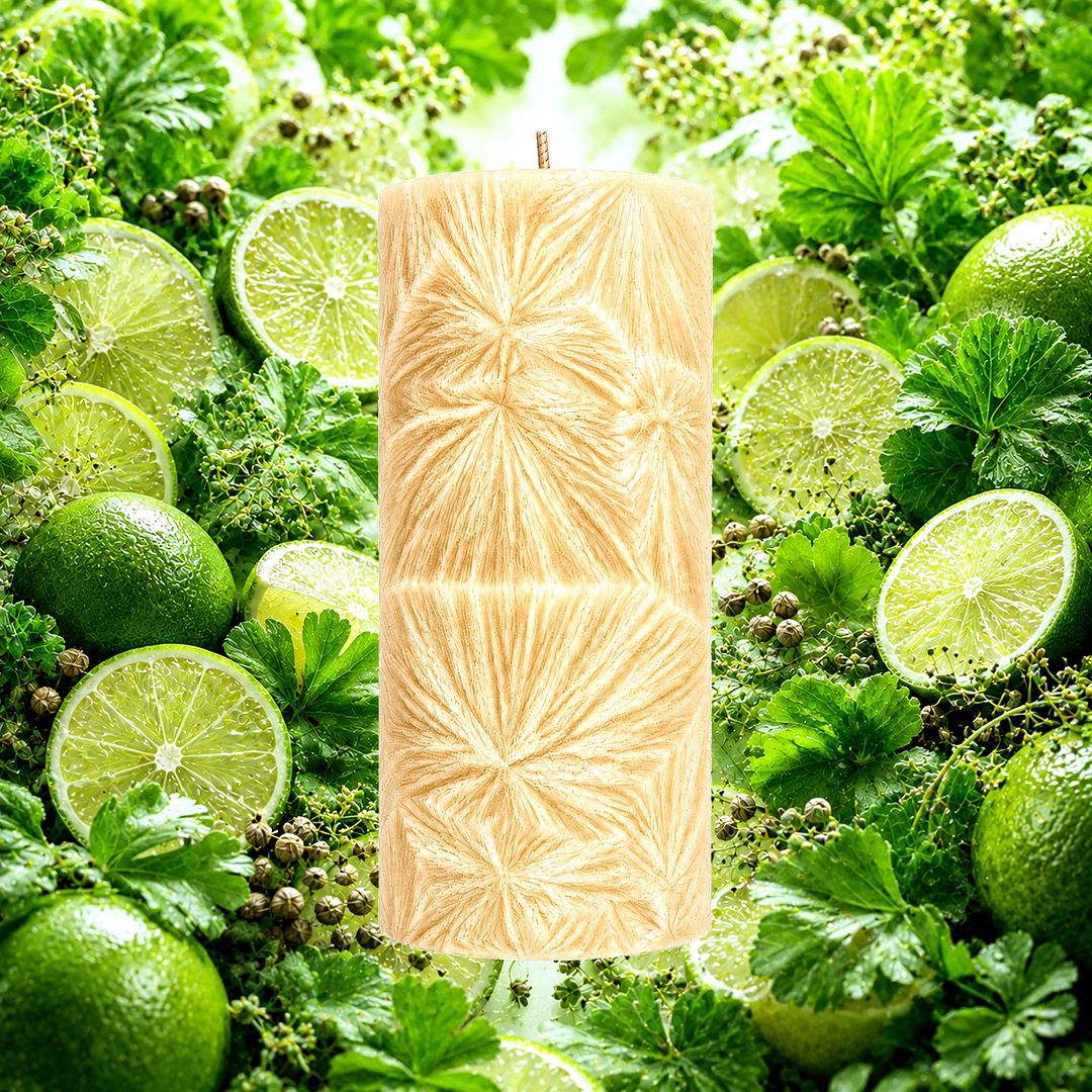 Lime Infusion No.5 plant based Pillar Candle – vegan, cruelty-free featuring fresh desert lime and herbal sea parsley, handmade in Australia.