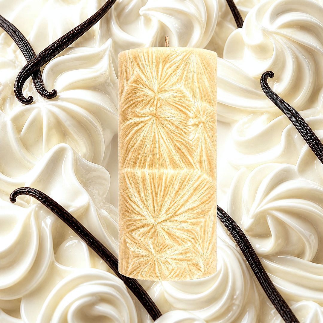 Buttercream Vanilla plant based Pillar Candle – vegan, cruelty-free featuring creamy vanilla frosting aroma, handmade in Australia.