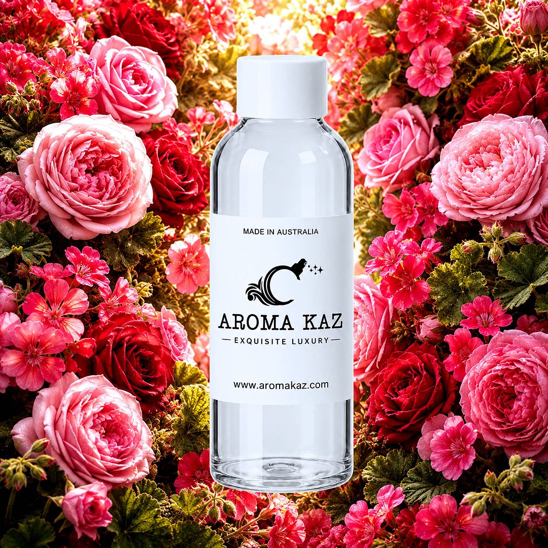 Rose Geranium fragrance oil for candle making, soap making and perfume blending – vegan, cruelty-free featuring fresh roses and geranium florals, handmade in Australia.