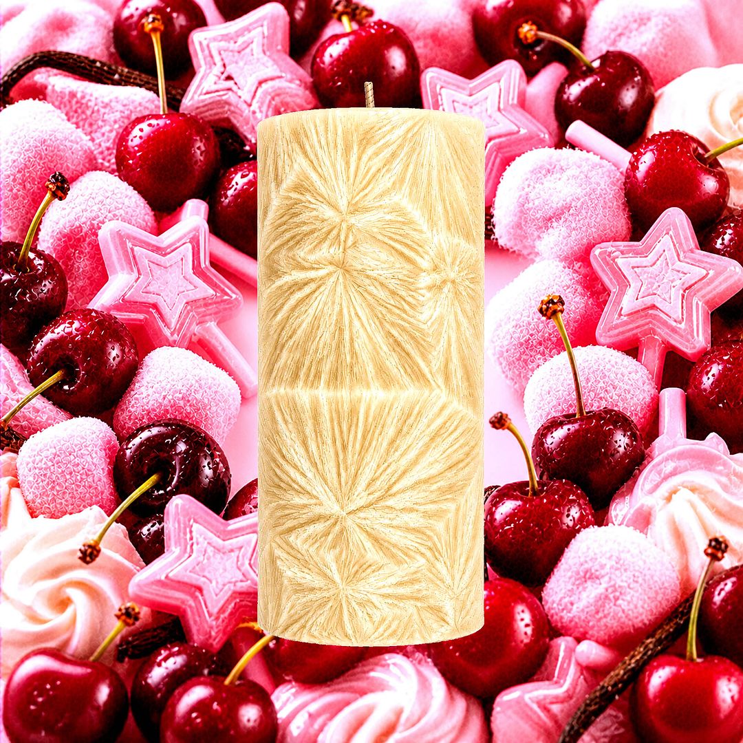 Cherry Musk Vanilla plant based Pillar Candle – vegan, cruelty-free featuring cherry, vanilla and pink sugar musk blend, handmade in Australia.