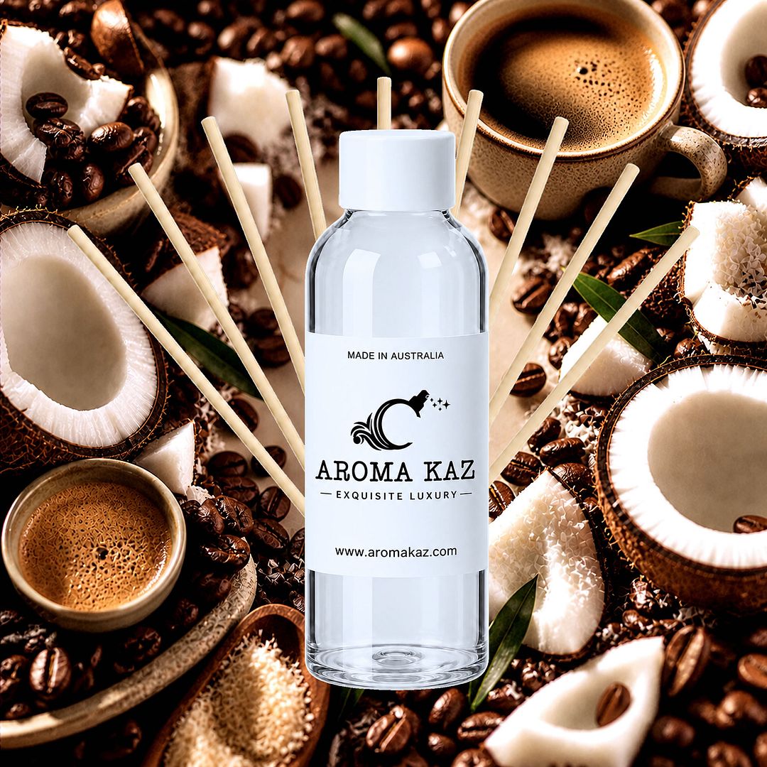 Coffee & Coconut Diffuser Fragrance Oil Refill – vegan, cruelty-free featuring bold roasted coffee with tropical coconut, handmade in Australia.