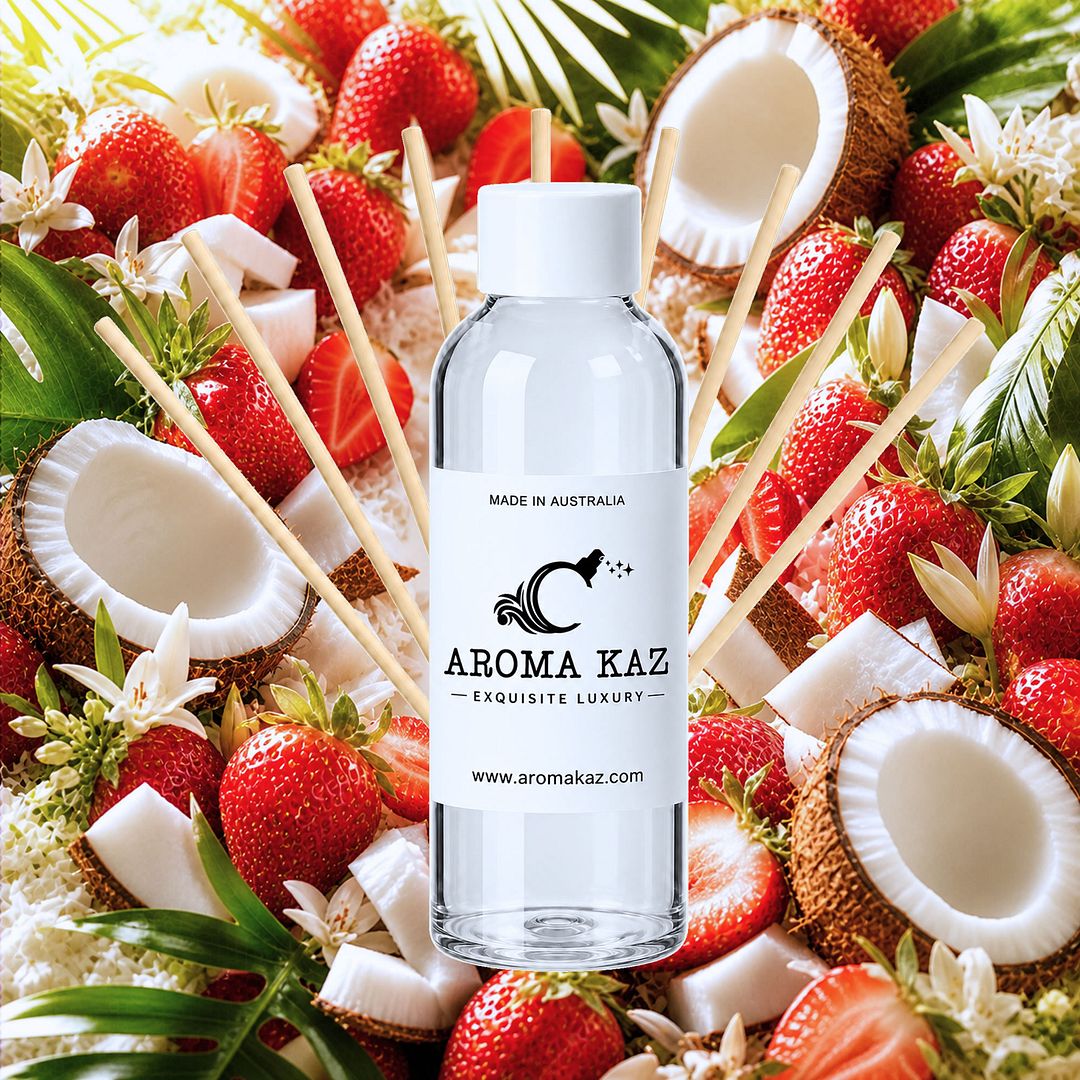Coconut Strawberry Diffuser Fragrance Oil Refill – vegan, cruelty-free featuring coconut with sweet strawberries, handmade in Australia.