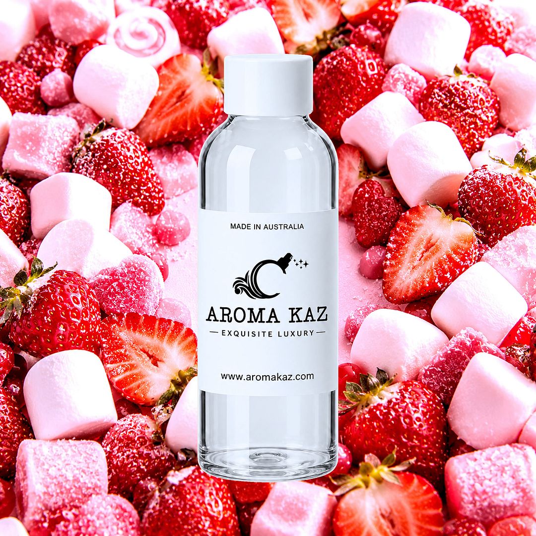 Strawberry Marshmallows fragrance oil for candle making, soap making and perfume blending – vegan, cruelty-free featuring fluffy marshmallow and sweet strawberry aroma, handmade in Australia.