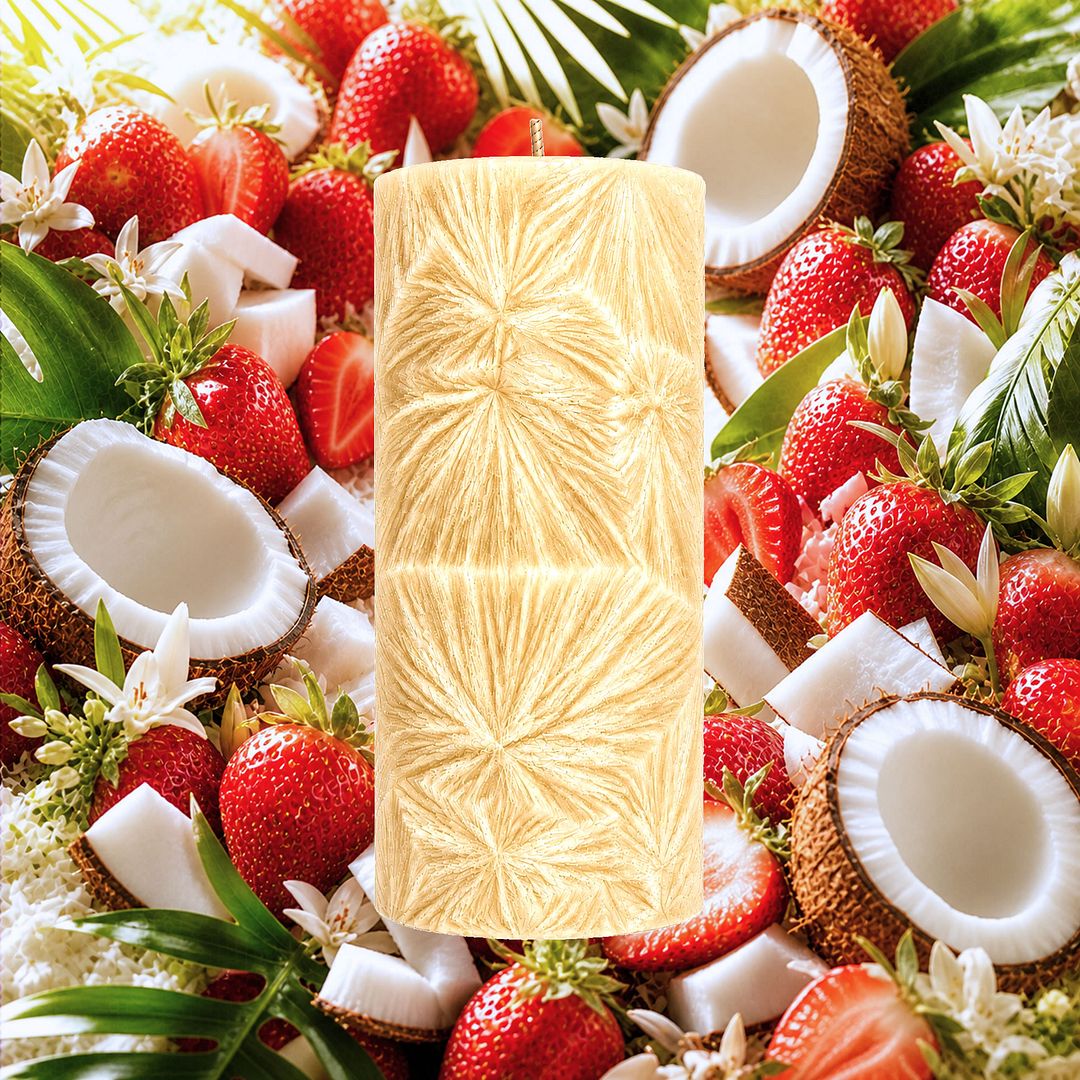 Coconut Strawberry plant based Pillar Candle – vegan, cruelty-free featuring coconut with sweet strawberries, handmade in Australia.