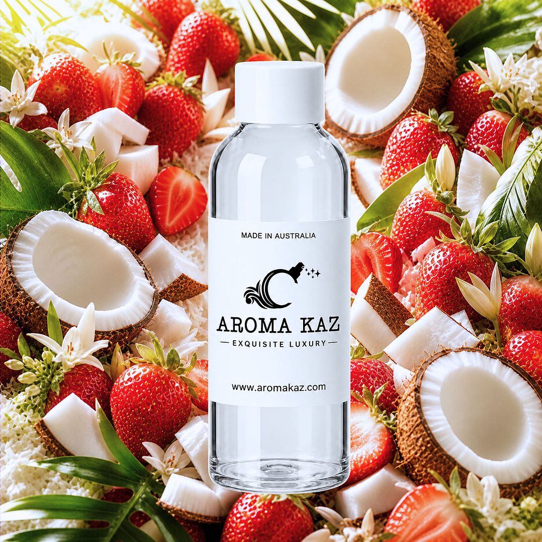 Coconut Strawberry fragrance oil for candle making, soap making and perfume blending – vegan, cruelty-free featuring coconut with sweet strawberries, handmade in Australia.