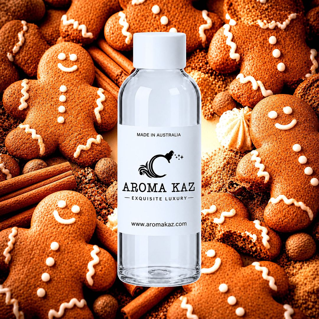Gingerbread fragrance oil for candle making, soap making and perfume blending – vegan, cruelty-free featuring warm spicy ginger, sweet spices, nutmeg and sweet baked cookie notes, handmade in Australia.