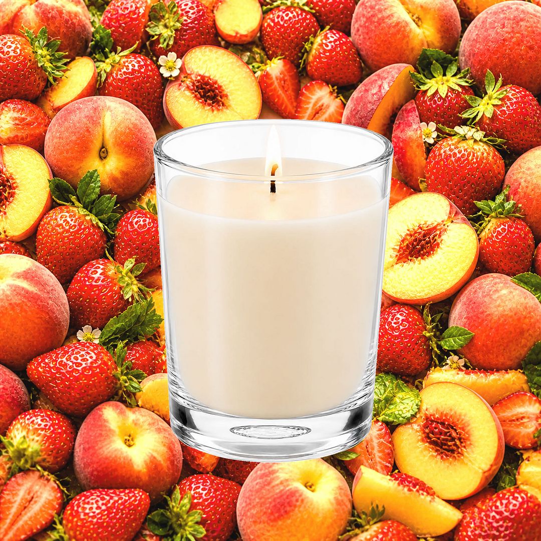 Strawberry Peaches Scented Votive Candles eco soy plant based – vegan, cruelty-free featuring ripe peaches and juicy strawberries, handmade in Australia.