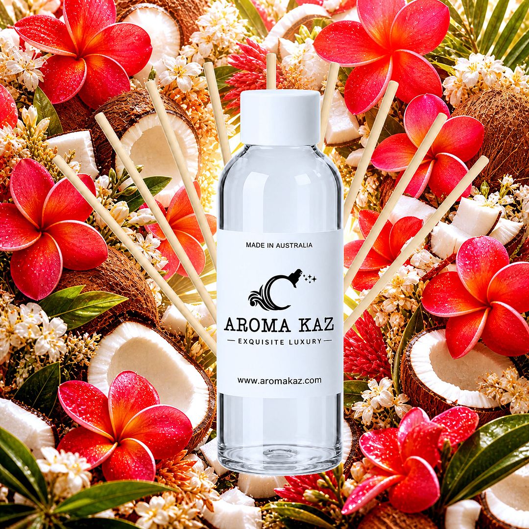 Coconut Frangipani Diffuser Fragrance Oil Refill – vegan, cruelty-free featuring tropical coconut and frangipani floral blend, handmade in Australia.