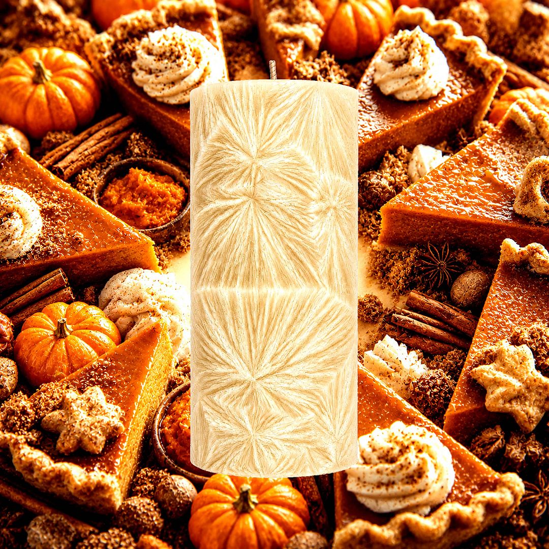 Pumpkin Pie plant based Pillar Candle – vegan, cruelty-free featuring warm pumpkin spice and sweet buttery pie crust, handmade in Australia.