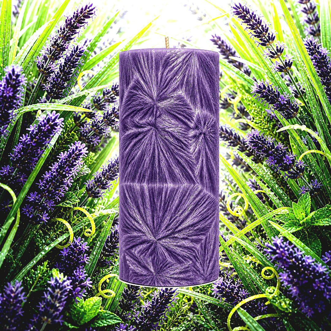 Lavender & Lemongrass plant based Pillar Candle – vegan, cruelty-free featuring fresh floral lavender and uplifting lemongrass, handmade in Australia.