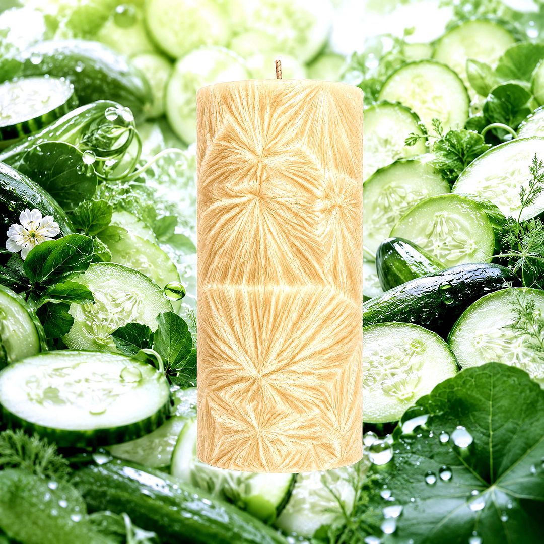 Fresh Cucumber plant based Pillar Candle – vegan, cruelty-free featuring crisp cooling cucumber, handmade in Australia.