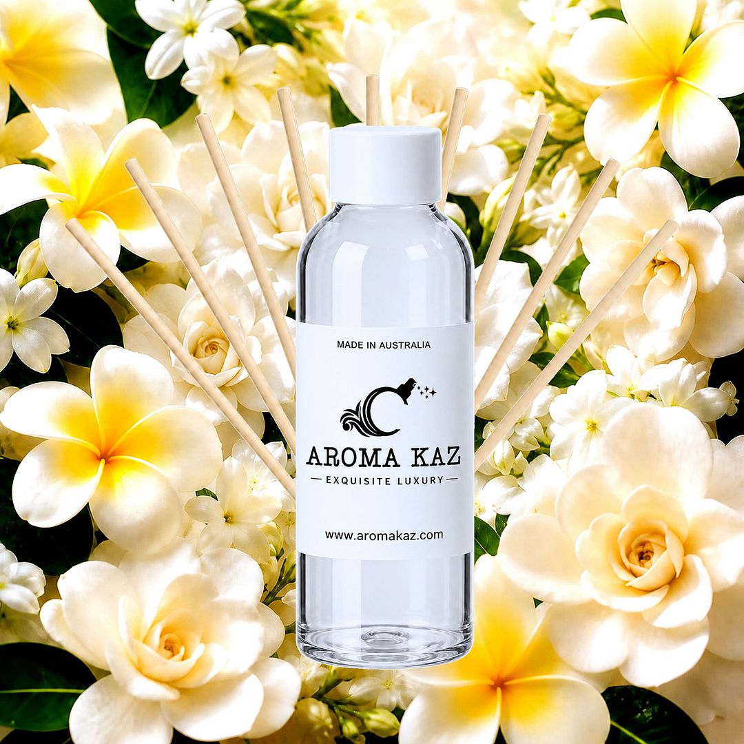 Frangipani Gardenia Jasmine Diffuser Fragrance Oil Refill – vegan, cruelty-free featuring lush tropical frangipani florals, soft jasmine, and elegant gardenia handmade in Australia.