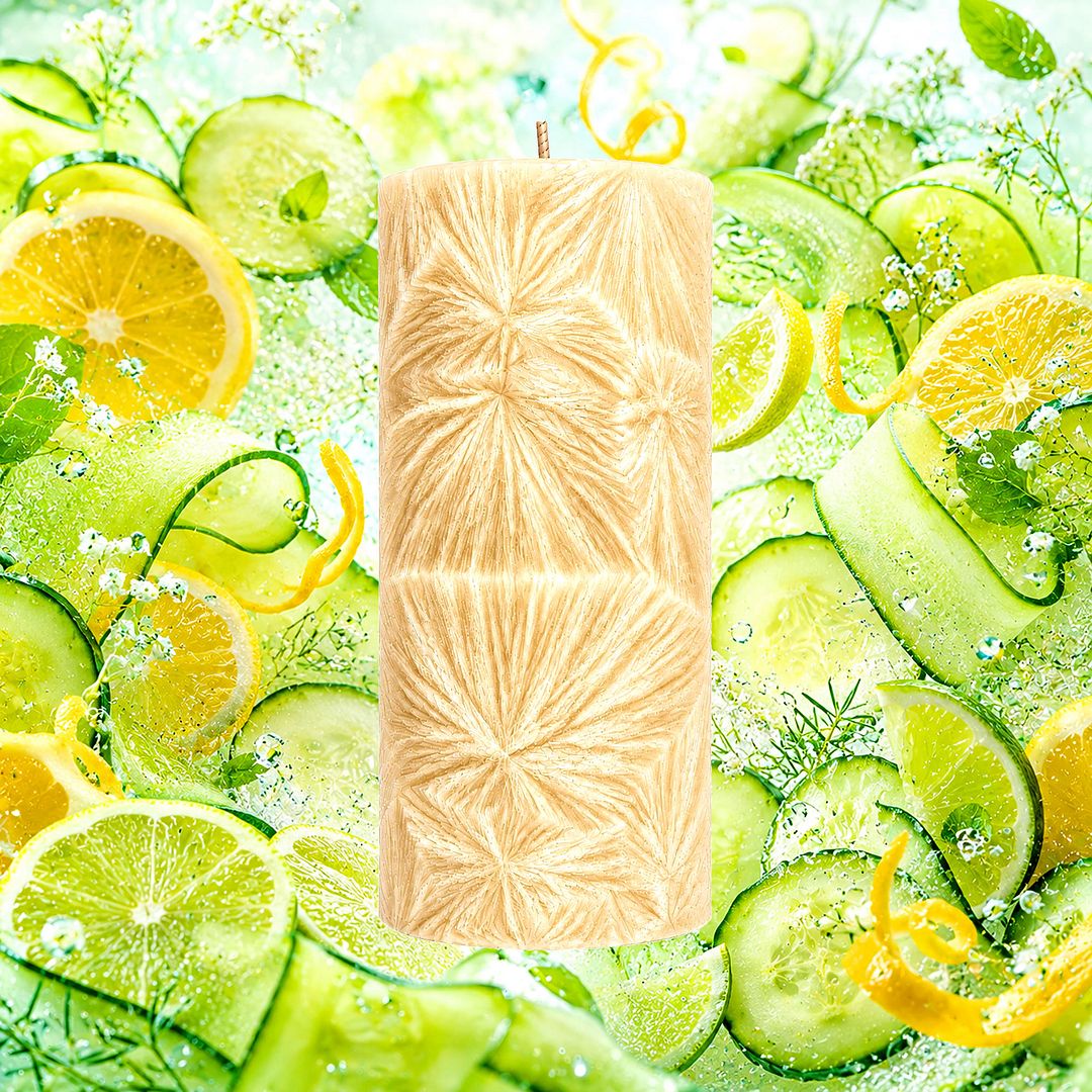 Citrus Cucumber Breeze plant based Pillar Candle – vegan, cruelty-free featuring refreshing citrus, cucumber, ginger and mint blend, handmade in Australia.