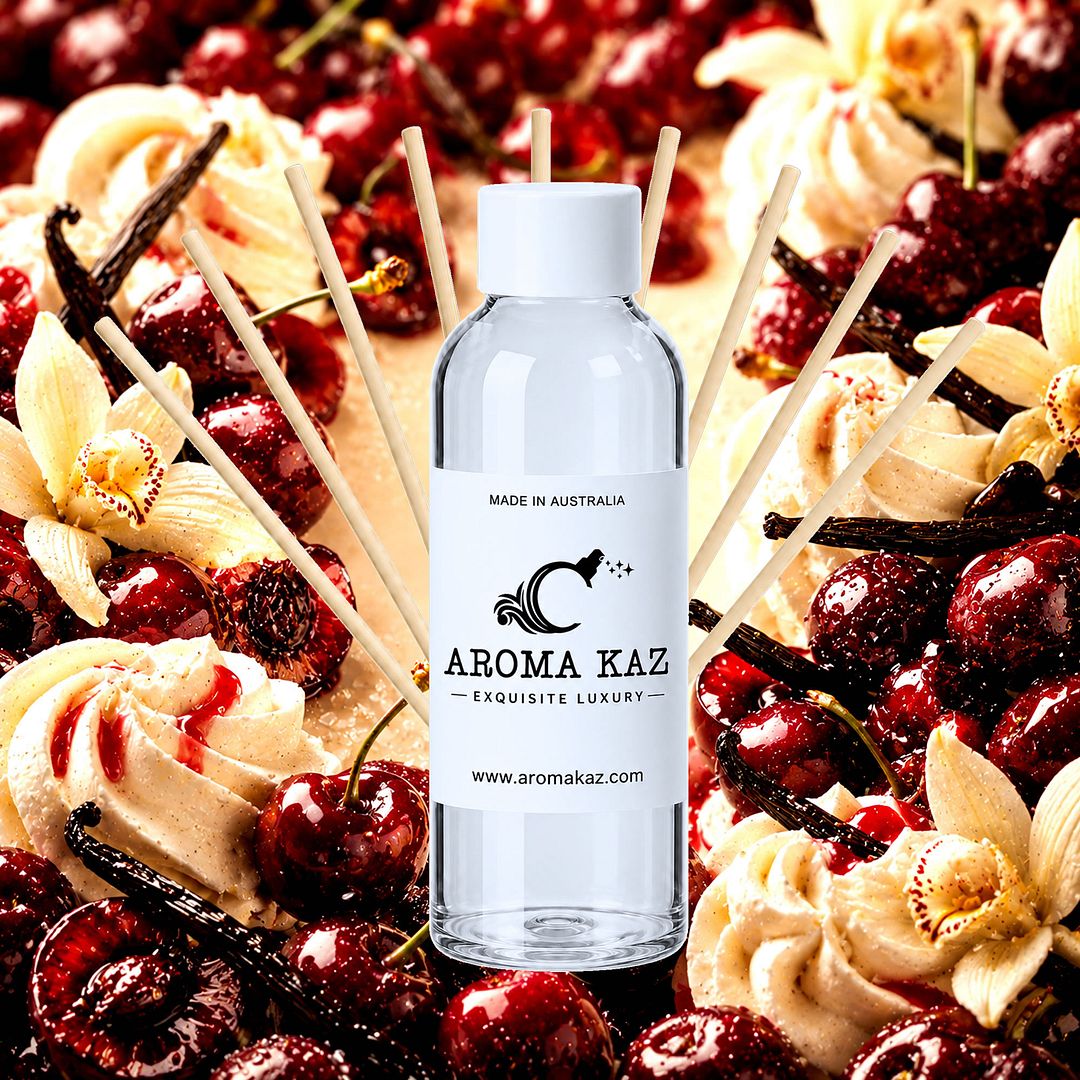 Cherry Vanilla Diffuser Fragrance Oil Refill – vegan, cruelty-free featuring fruity cherry and creamy vanilla fragrance, handmade in Australia.