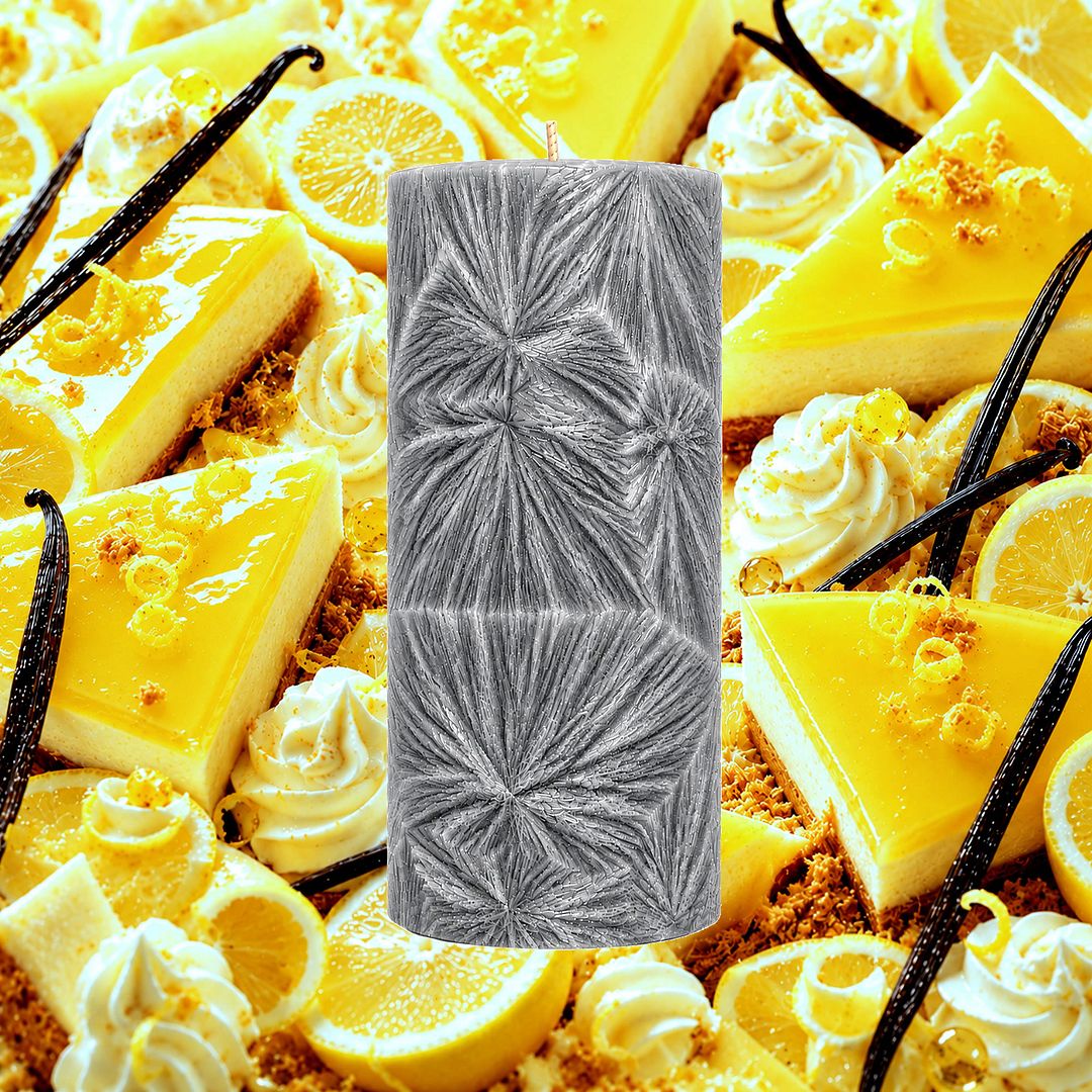 Lemon Cheesecake plant based Pillar Candle – vegan, cruelty-free featuring sweet creamy lemon dessert aroma, handmade in Australia.