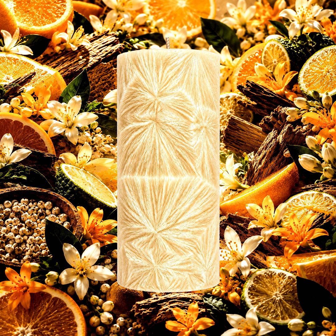 White Pepper Orange Blossoms plant based Pillar Candle – vegan, cruelty-free featuring bright orange blossoms and a hint of warm white pepper, handmade in Australia.