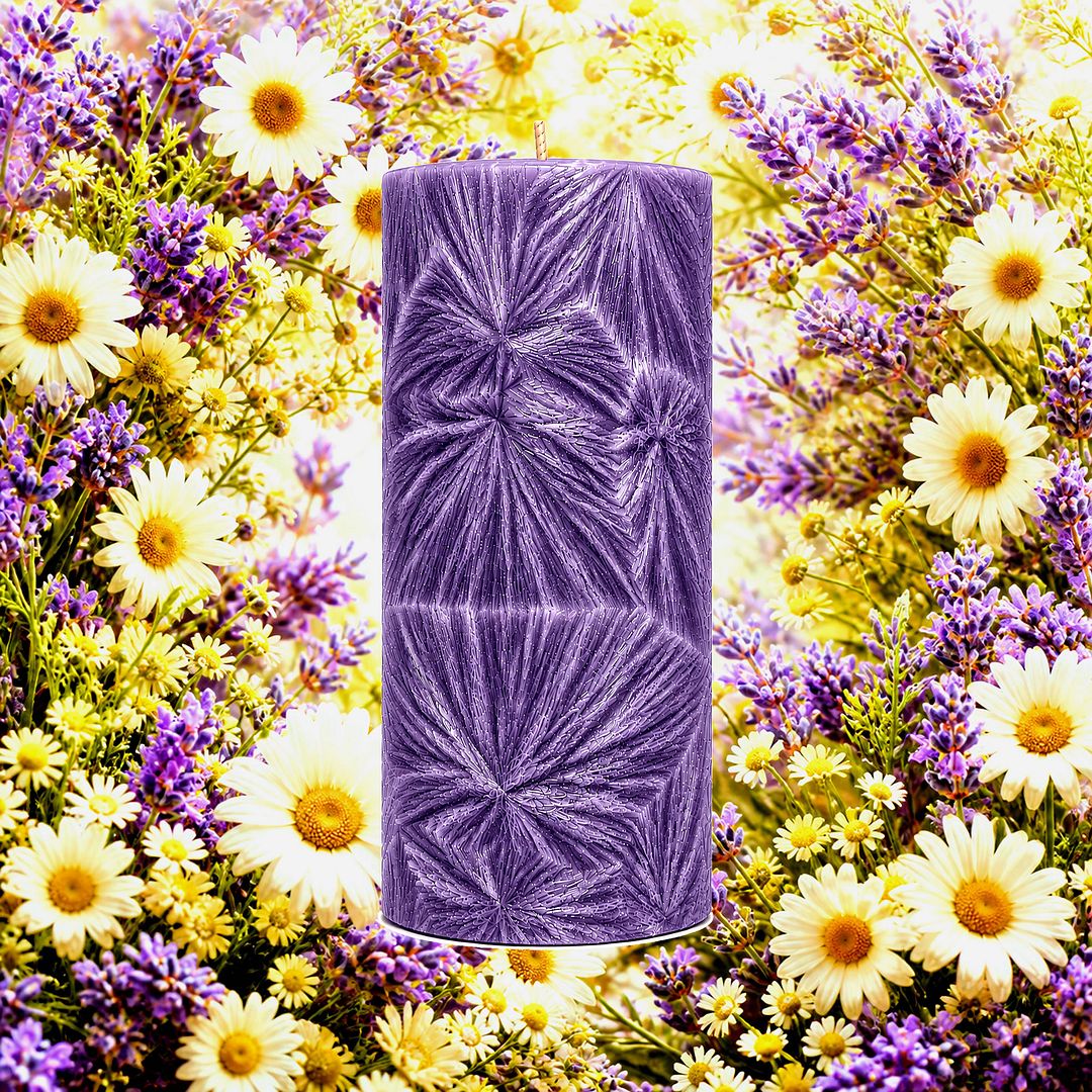 Chamomile & Lavender plant based Pillar Candle – vegan, cruelty-free featuring calming chamomile and lavender herbal aroma, handmade in Australia.