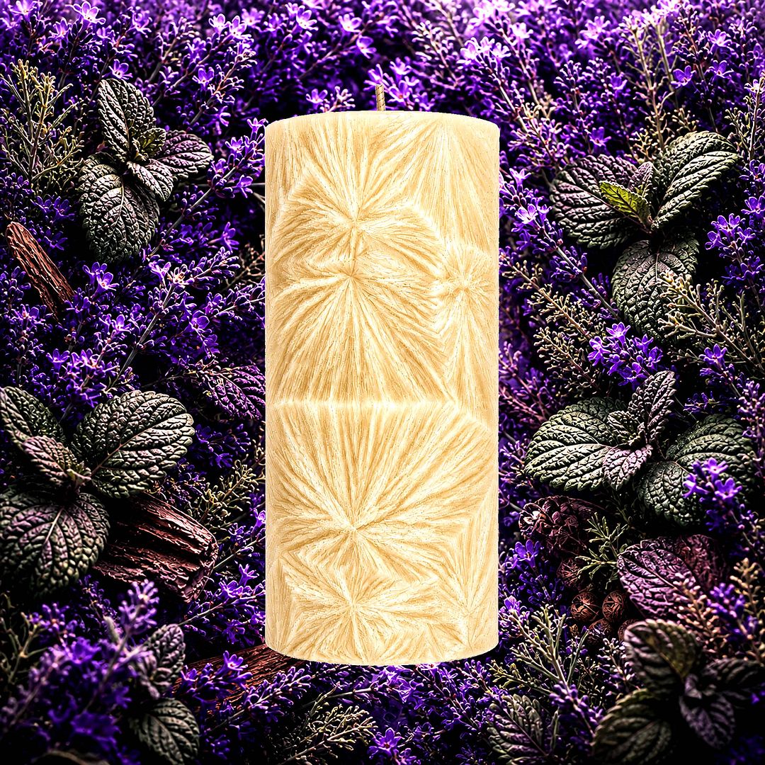 Patchouli & Lavender plant based Pillar Candle – vegan, cruelty-free featuring fresh floral lavender and earthy patchouli, handmade in Australia.
