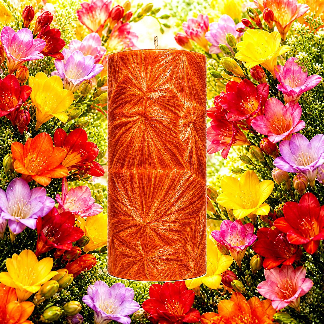 Freesia Couture plant based Pillar Candle – vegan, cruelty-free featuring elegant fresh freesia, handmade in Australia.