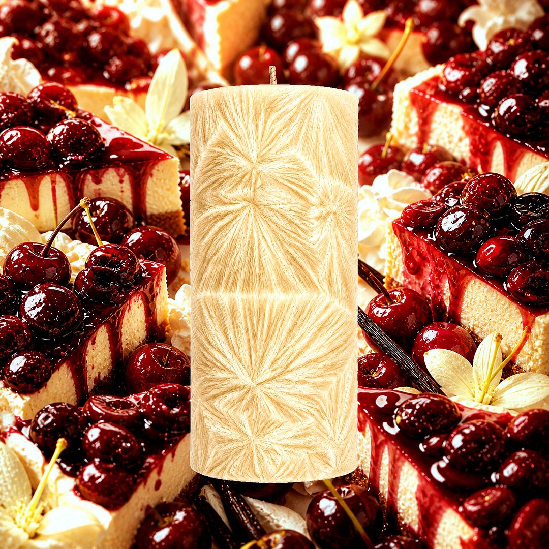 Black Cherry Cheesecake plant based Pillar Candle – vegan, cruelty-free featuring rich cherry dessert fragrance, handmade in Australia.