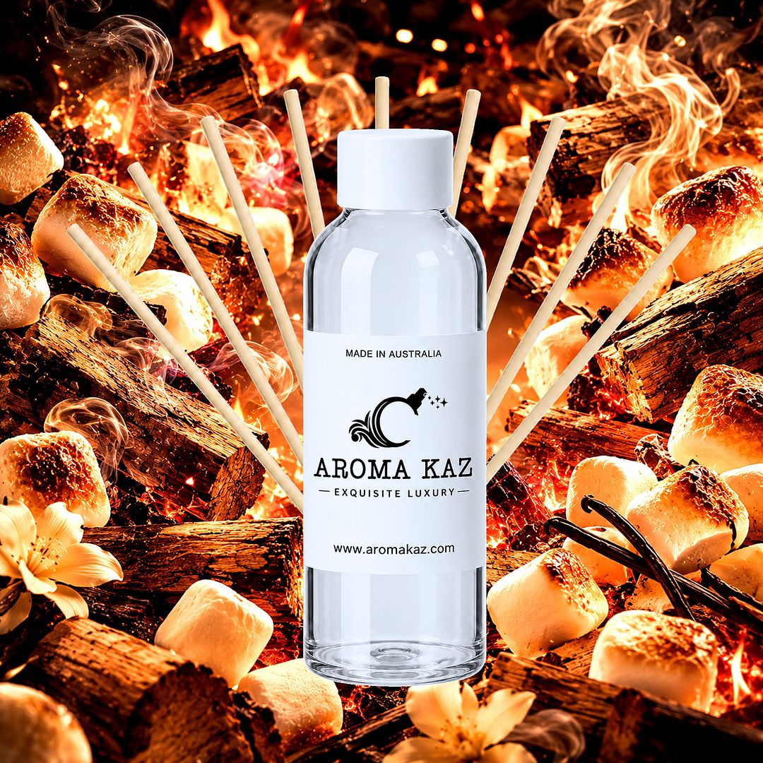 Firewood & Marshmallows Diffuser Fragrance Oil Refill – vegan, cruelty-free featuring smoky firewood and toasted marshmallow aroma, handmade in Australia.