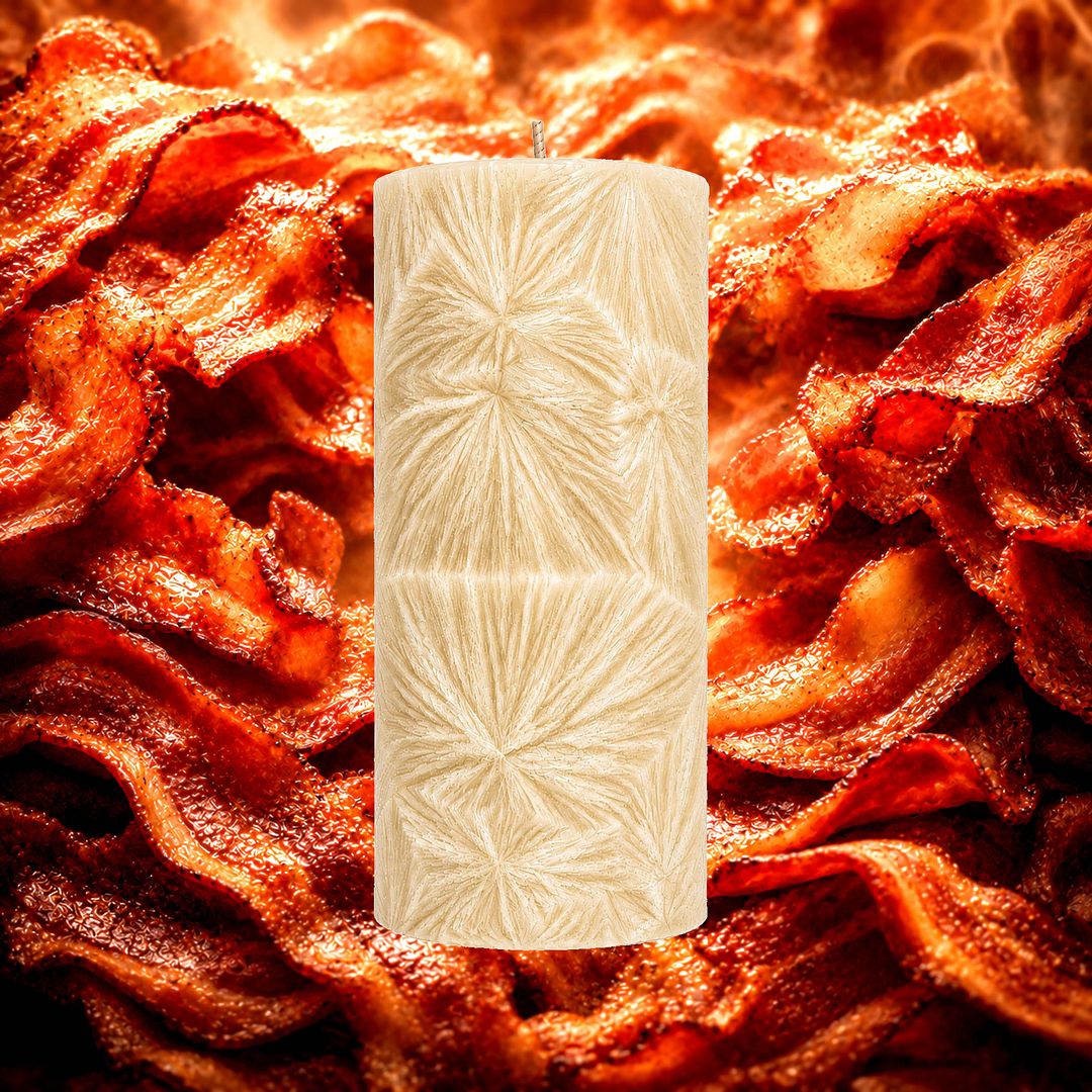 Bacon plant based Pillar Candle – vegan, cruelty-free featuring a smoky bacon fragrance, handmade in Australia.