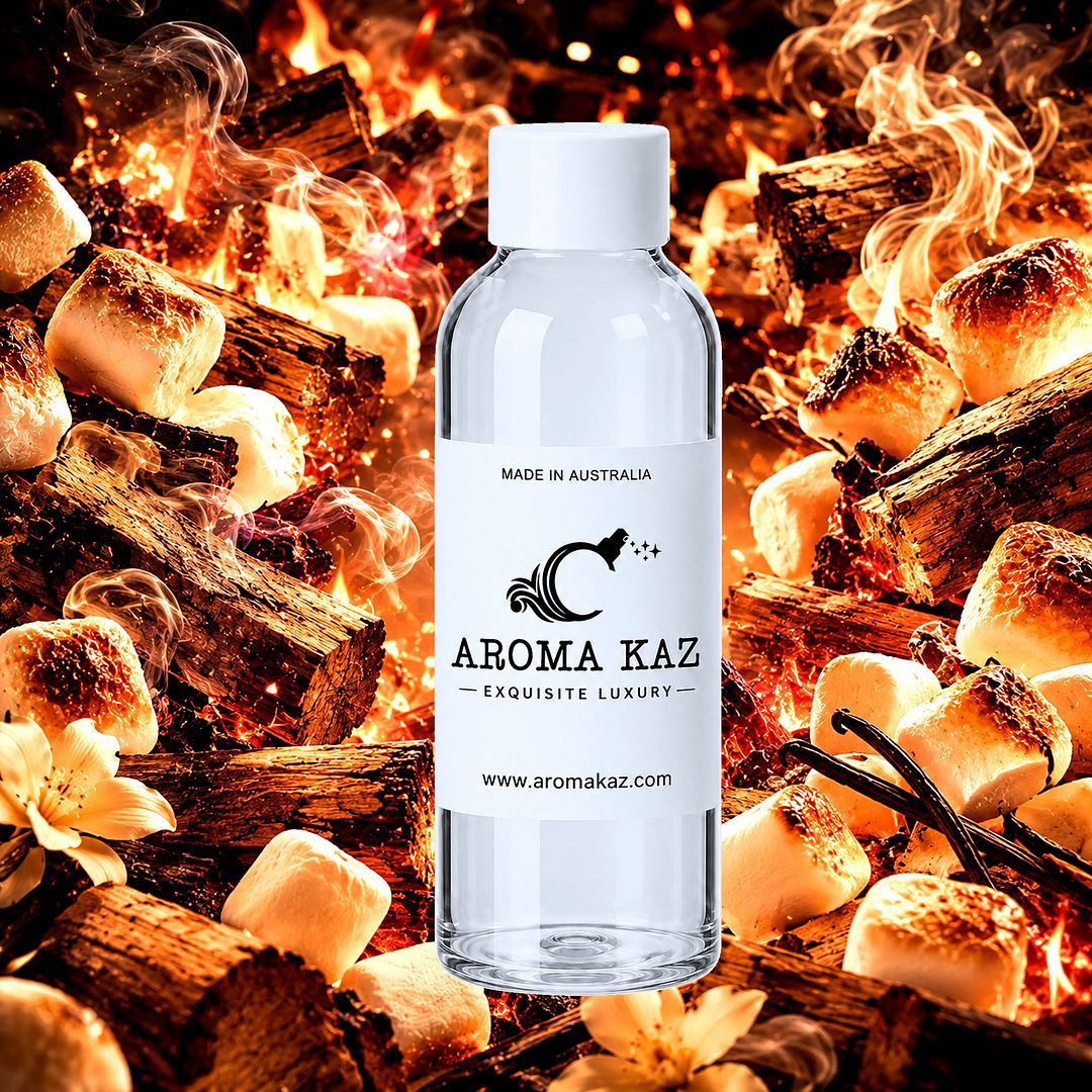 Firewood & Marshmallows fragrance oil for candle making, soap making and perfume blending – vegan, cruelty-free featuring smoky firewood and toasted marshmallow aroma, handmade in Australia.