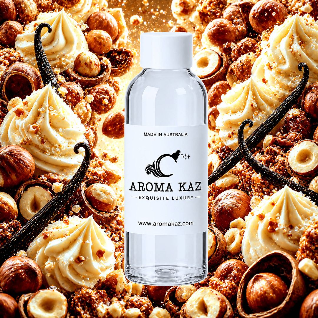 Vanilla Hazelnut fragrance oil for candle making, soap making and perfume blending – vegan, cruelty-free featuring creamy vanilla and roasted hazelnut richness, handmade in Australia.