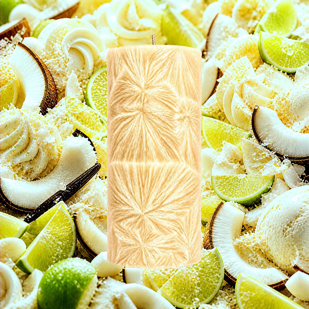 Tahitian Coconut Lime plant based Pillar Candle – vegan, cruelty-free featuring creamy coconut and zesty tropical lime, handmade in Australia.
