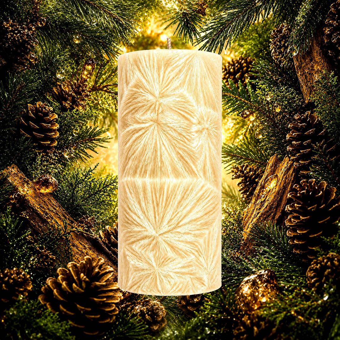 Christmas Balsam plant based Pillar Candle – vegan, cruelty-free featuring festive evergreen balsam aroma, handmade in Australia.