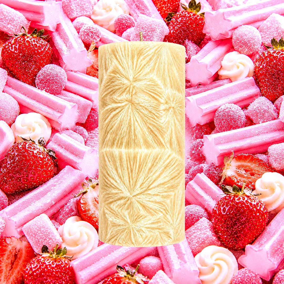 Strawberry Musk plant based Pillar Candle – vegan, cruelty-free featuring sweet strawberry and pink musk and pink sugar notes, handmade in Australia.