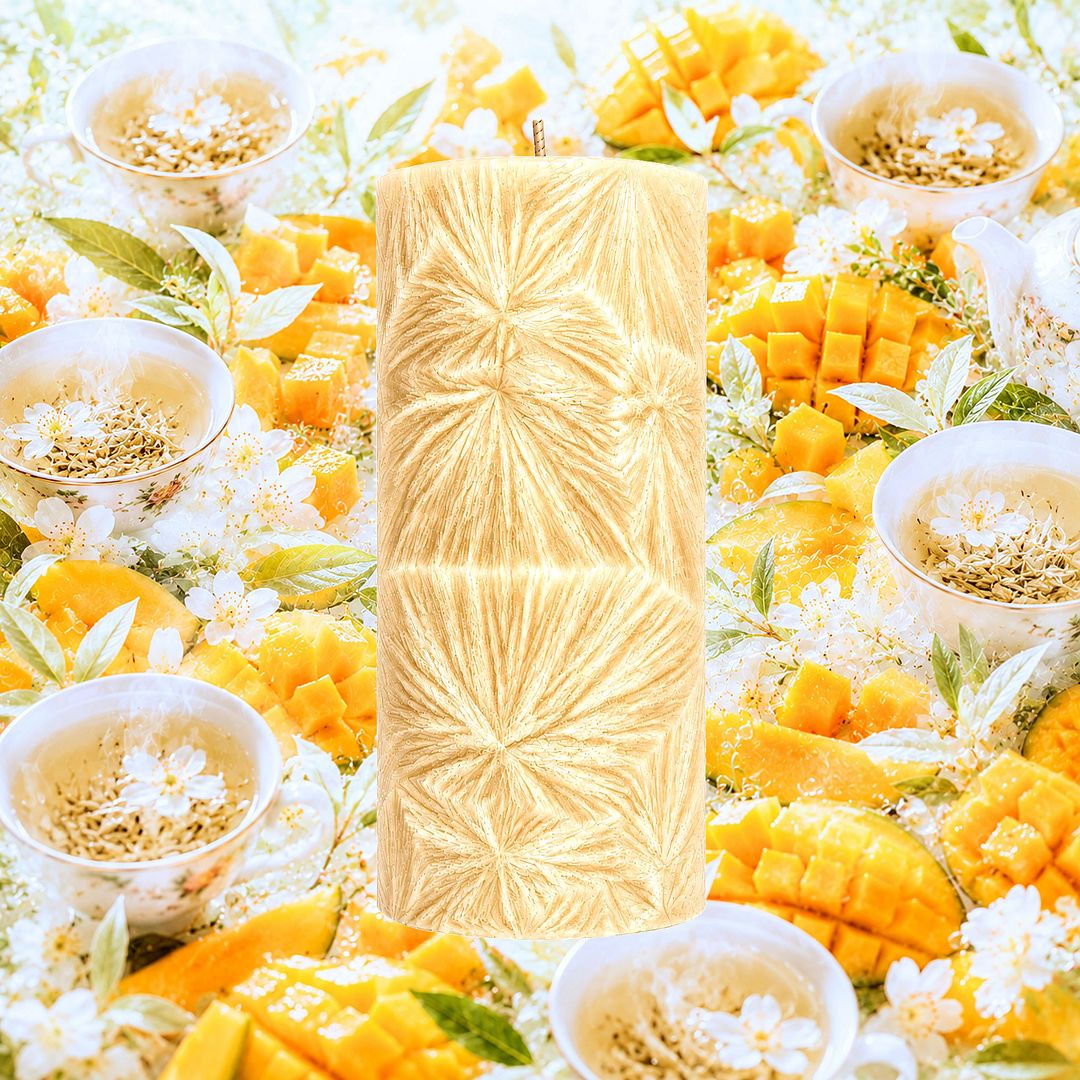 White Tea & Mango plant based Pillar Candle – vegan, cruelty-free featuring juicy mango and sweet white tea notes, handmade in Australia.
