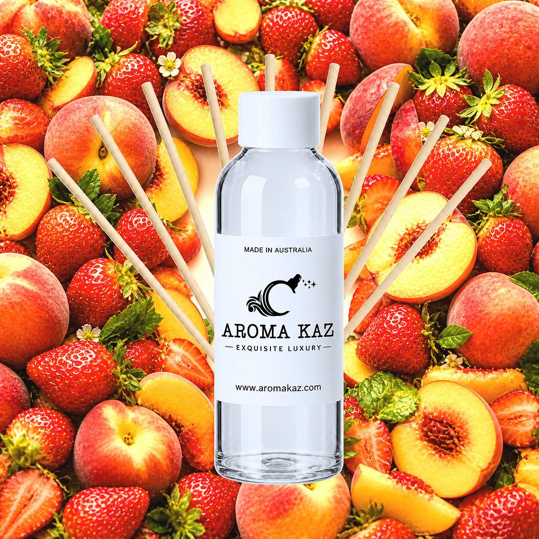 Strawberry Peaches Diffuser Fragrance Oil Refill – vegan, cruelty-free featuring ripe peaches and juicy strawberries, handmade in Australia.