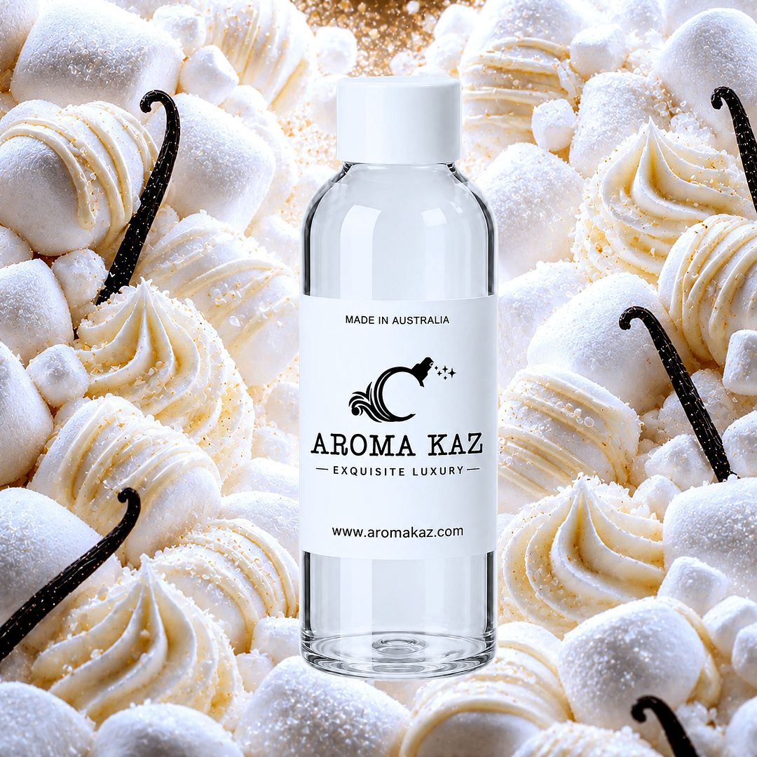 Vanilla Marshmallows fragrance oil for candle making, soap making and perfume blending – vegan, cruelty-free featuring soft creamy vanilla and fluffy marshmallow aroma, handmade in Australia.