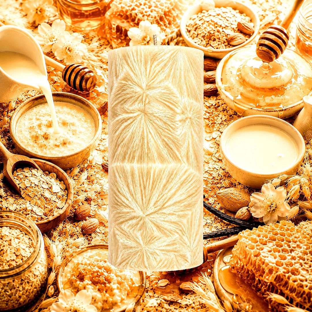 Oatmeal Milk & Honey plant based Pillar Candle – vegan, cruelty-free featuring warm sweet honey and creamy oatmeal softness, handmade in Australia.