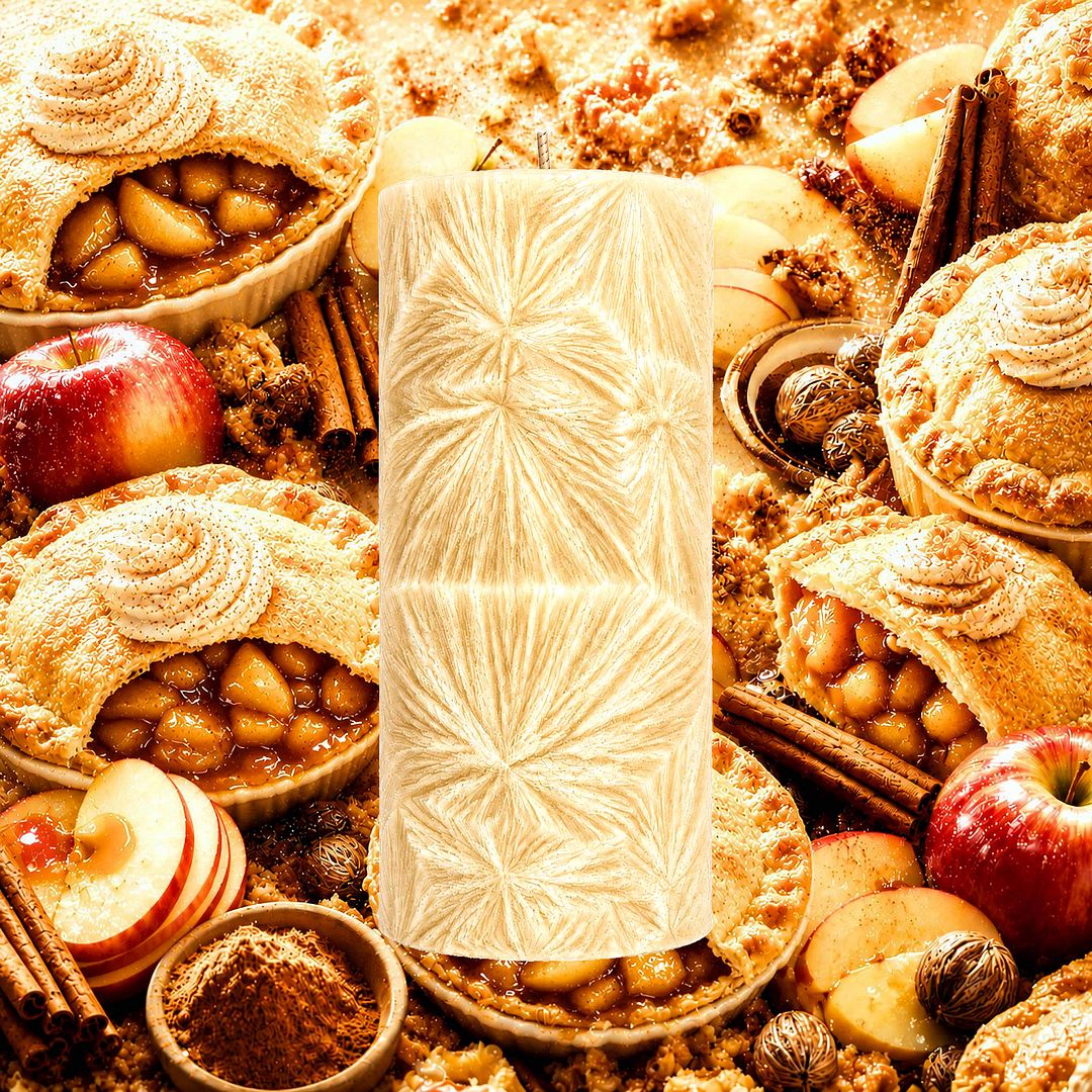 Warm Apple Pie plant based Pillar Candle – vegan, cruelty-free featuring sweet baked apples, cinnamon spice, and buttery crust, handmade in Australia.